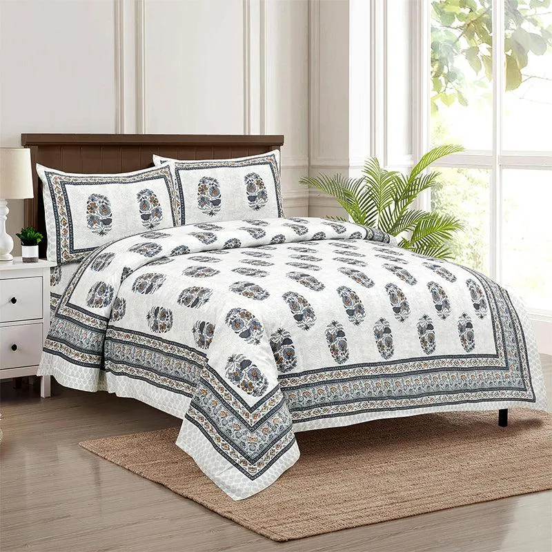 Thantra Ethnic Cotton Bedsheet (White,Grey) - 180 TC media 1
