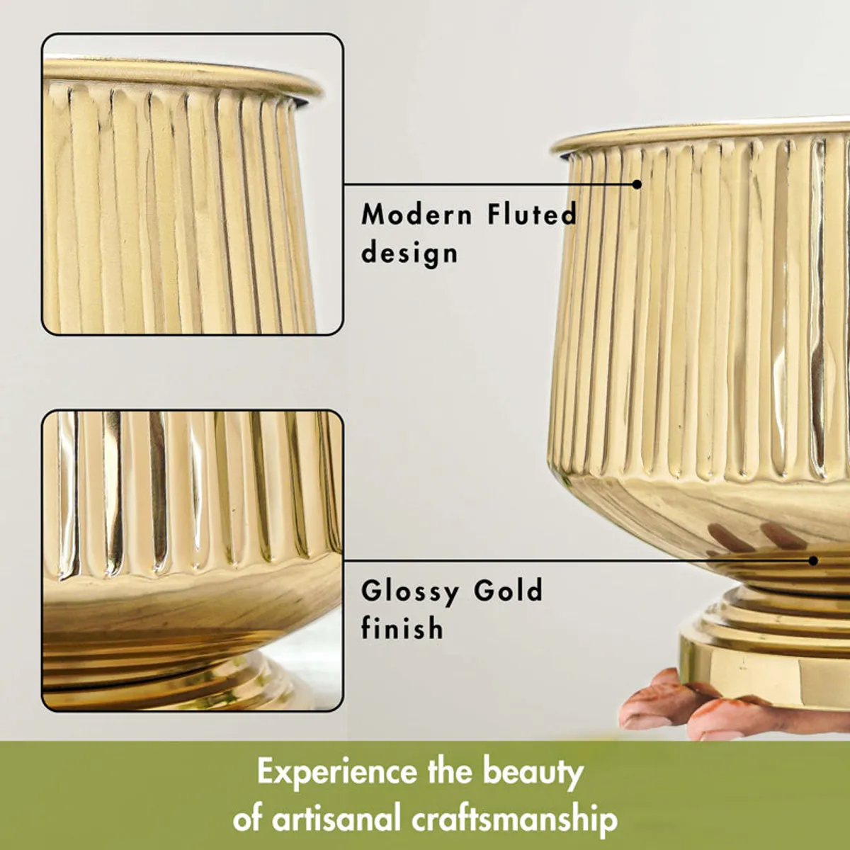Close-up of the planter's modern fluted design and glossy gold finish.