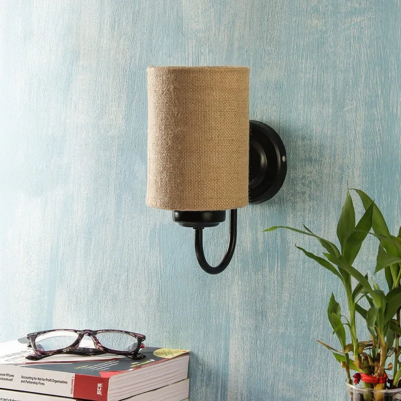 Unlit jute wall lamp with cylindrical shade and black iron base