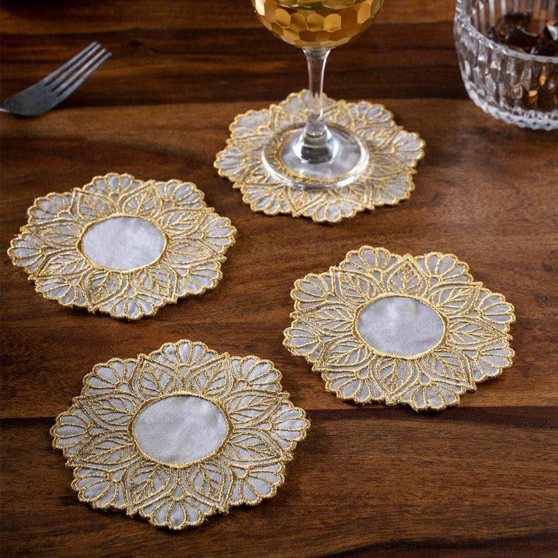 Elegant White Fabric Coaster with Gold Embroidery – Set of Four media 4