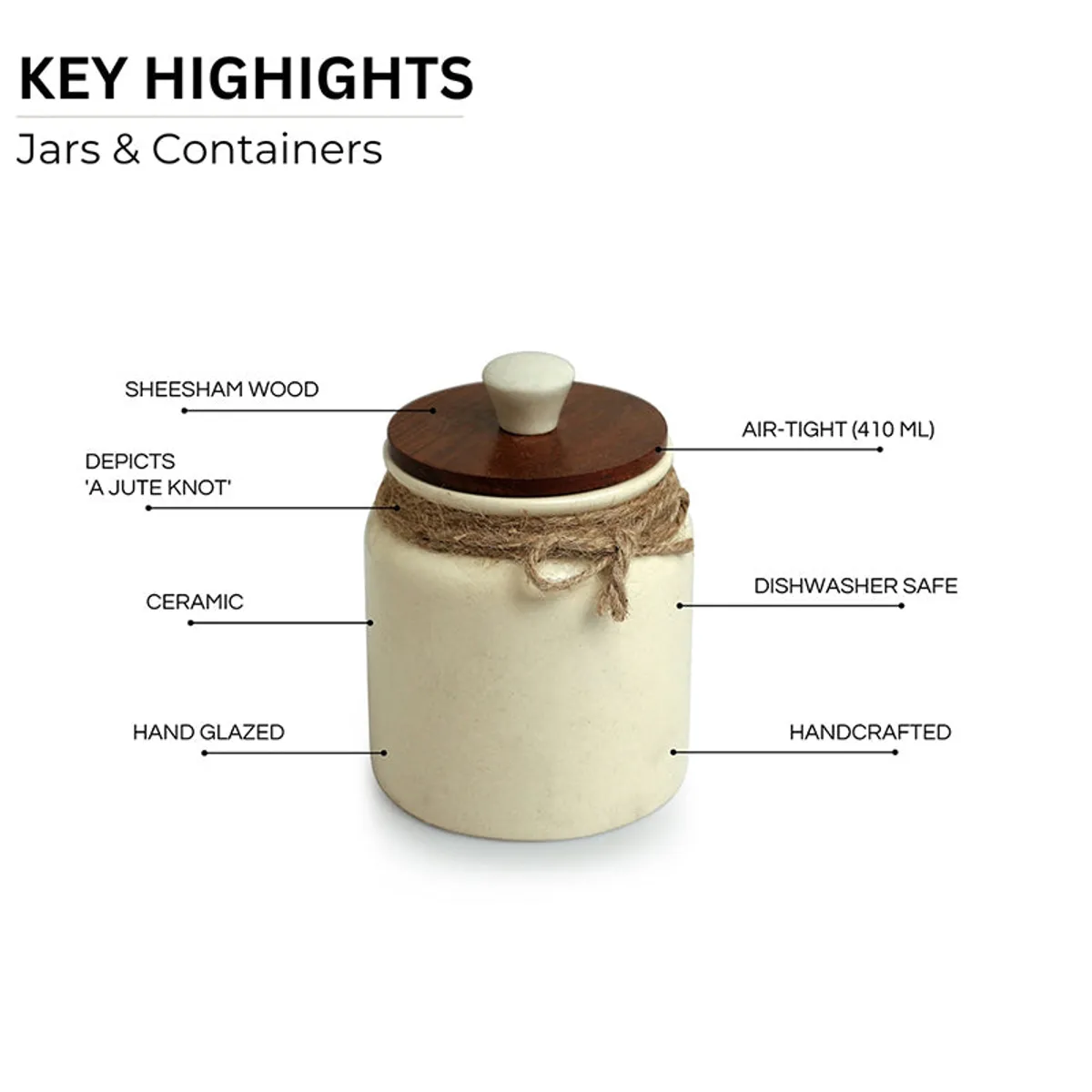 White ceramic jar with brown Sheesham wood lid and jute bow shown close up