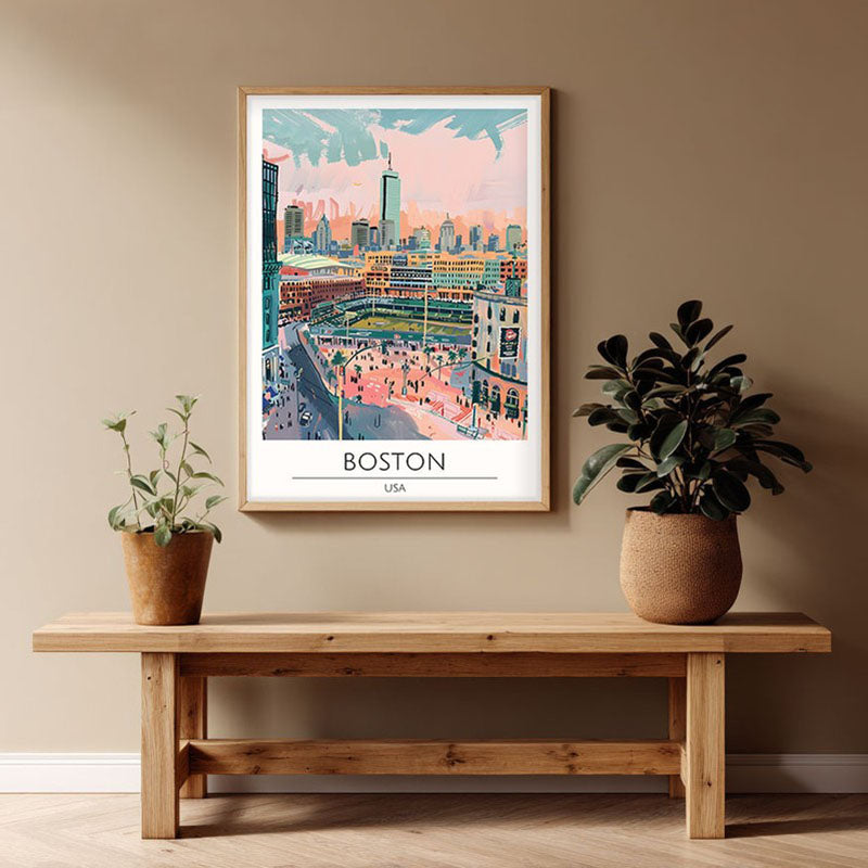 Vintage Boston Framed Canvas Archival Canvas Wall Painting - Natural Brown Frame