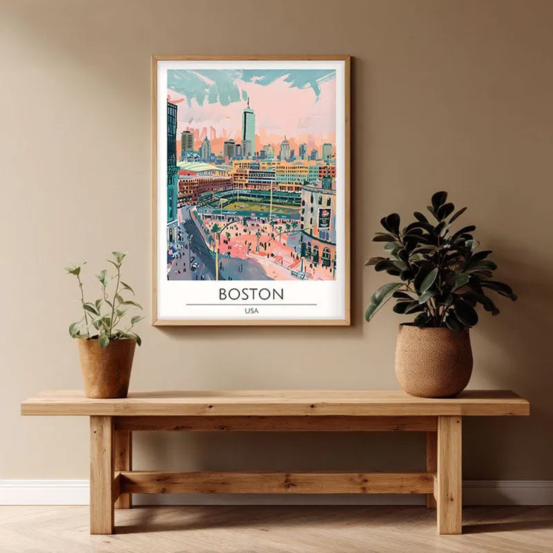 Vintage Boston Framed Canvas Archival Canvas Wall Painting - Natural Brown Frame media 1
