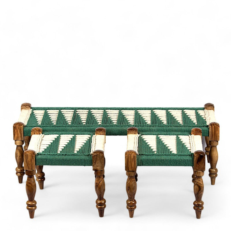 Brevon Sheesham Wooden Bench with Stools (Green,White) - Three Piece Set media 4