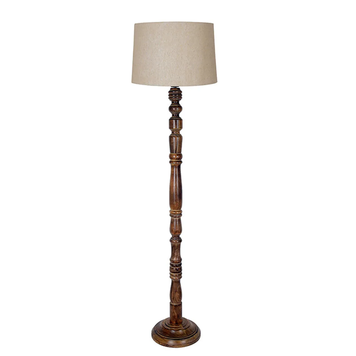 Studio view of a wooden floor lamp with a beige cylindrical shade