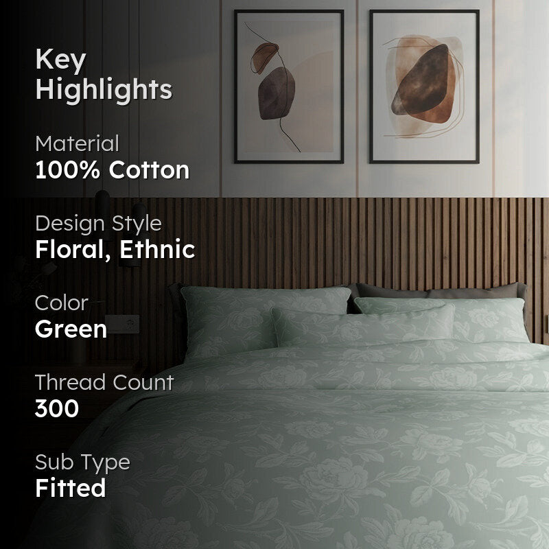 Blooming Rose Fitted Jacquard Cotton Bedsheet (Sage Green) - 300 TC media 2