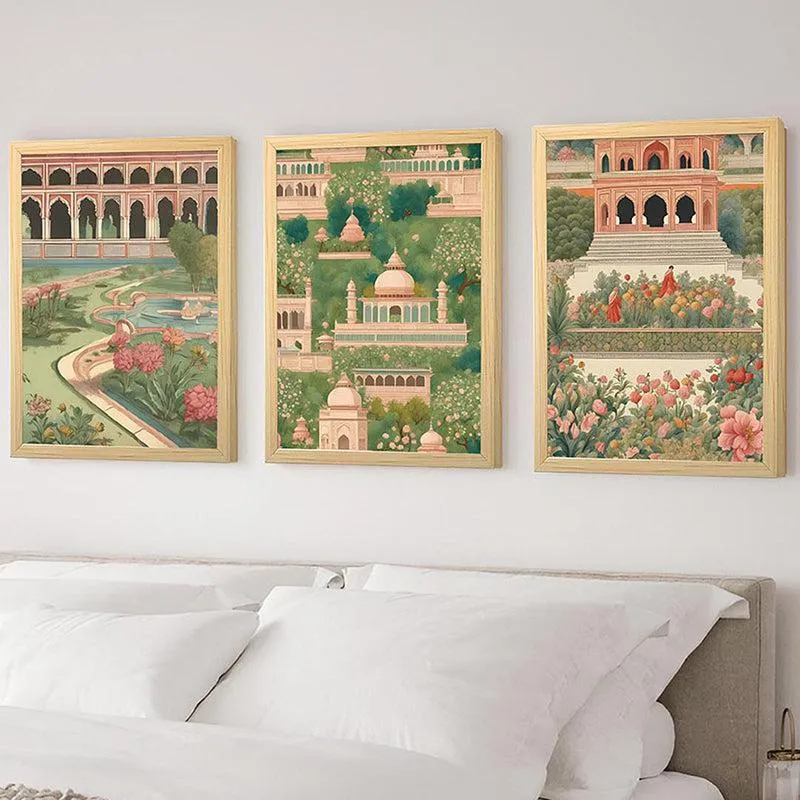 Gulshan-E-Mahal Mughal Paper Wall Art With Frame (Green) - Set Of Three media 3