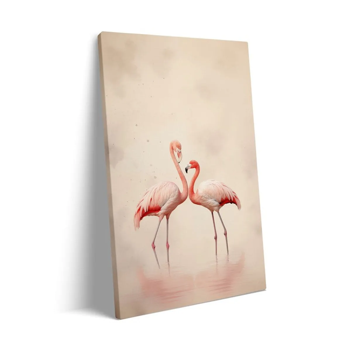 Angled view of flamingo artwork printed on a stretched canvas