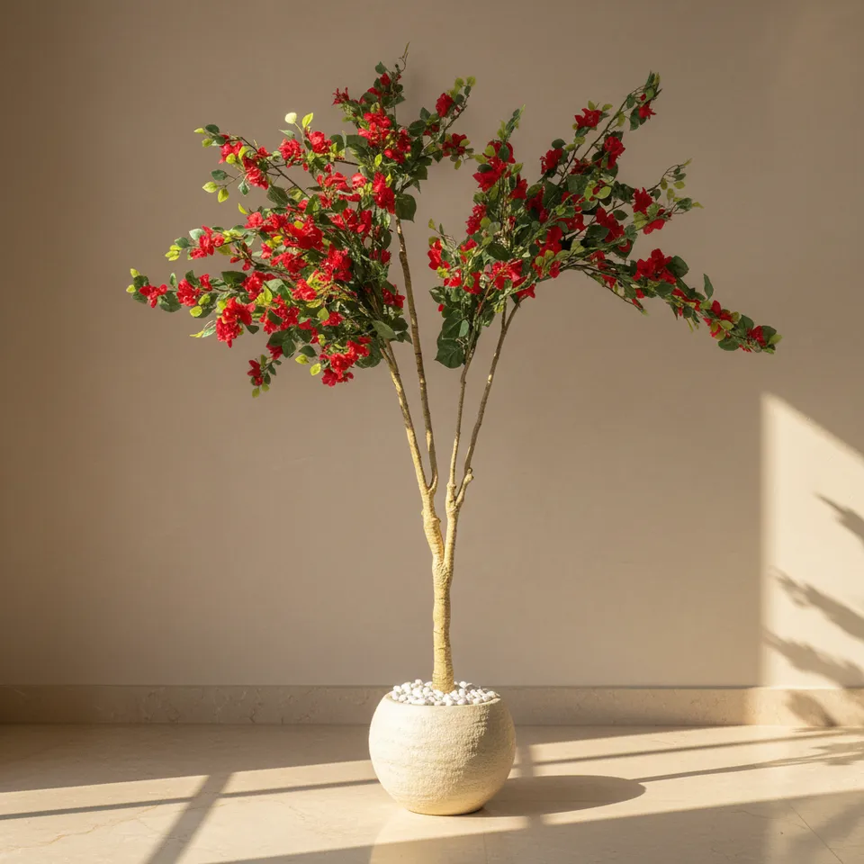 Artificial Red Bougainvillea Plant With Black Fiber Pot - 6.3 Feet media 1