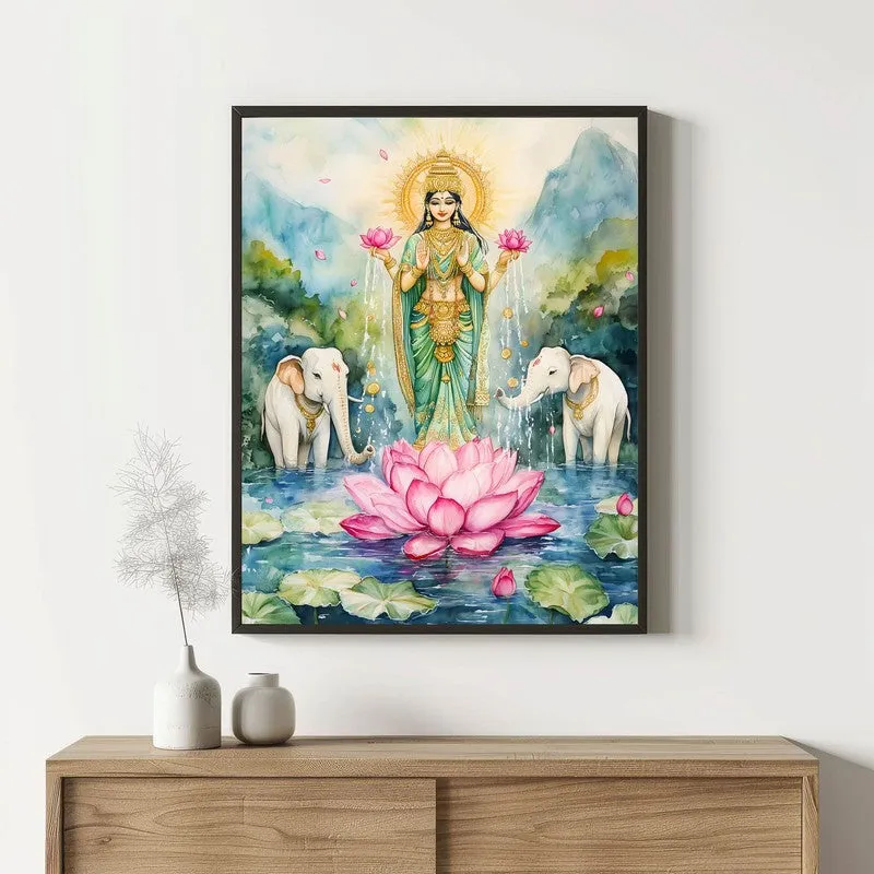 Divine Gaja Lakshmi Spiritual Archival Paper Wall Painting With Frame - Black media 1