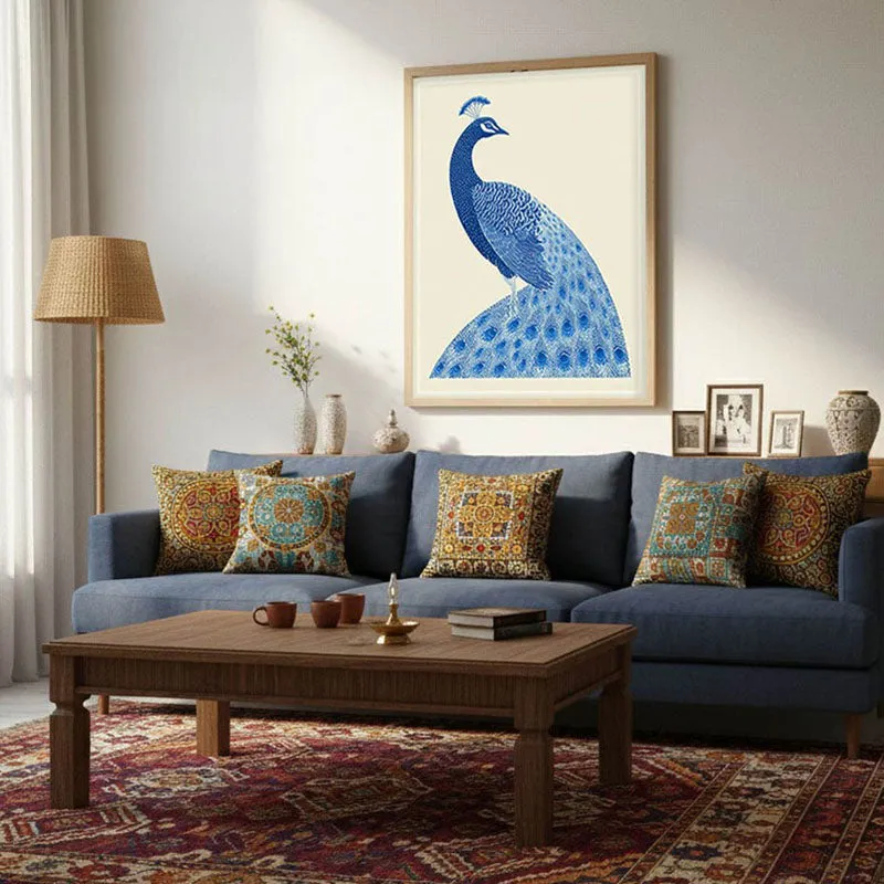 Royal Blue Peacock Canvas Wall Painting With Brown Frame media 8