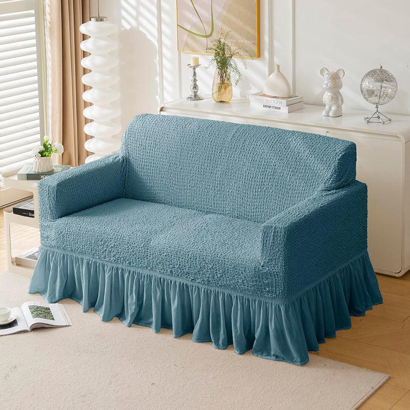 Refined Ruffles Solid Sofa Cover (Blue) - Two Seater media 3