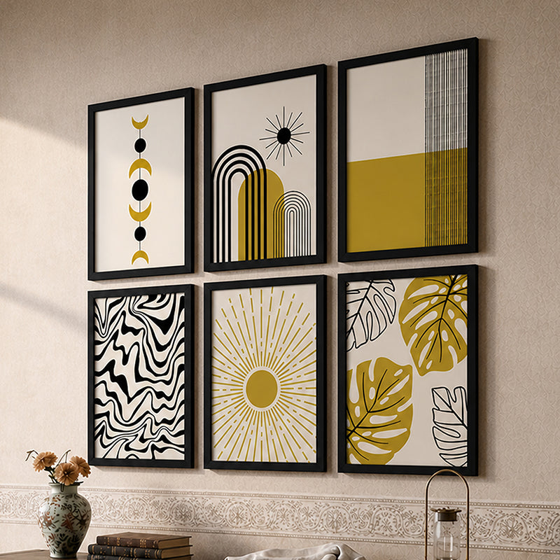 Solvia Sun Inspired Abstract Wall Painting With Frame - Set Of Six
