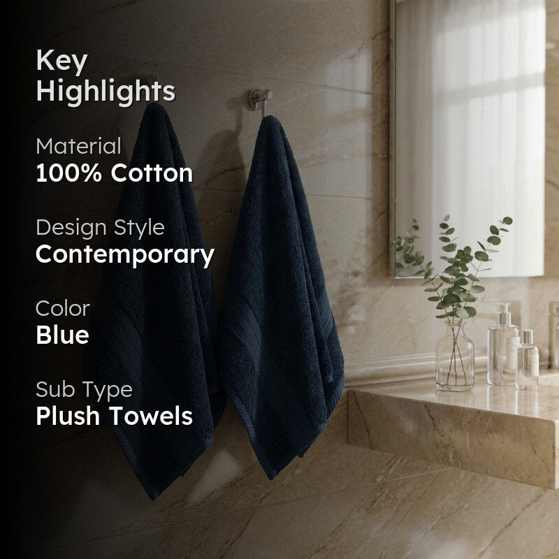 PlushAura Cotton Hand Towel (Dark Blue) - Set Of Two media 2