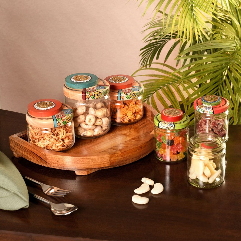 Ornara Handpainted Glass Jar Set With Wooden Base