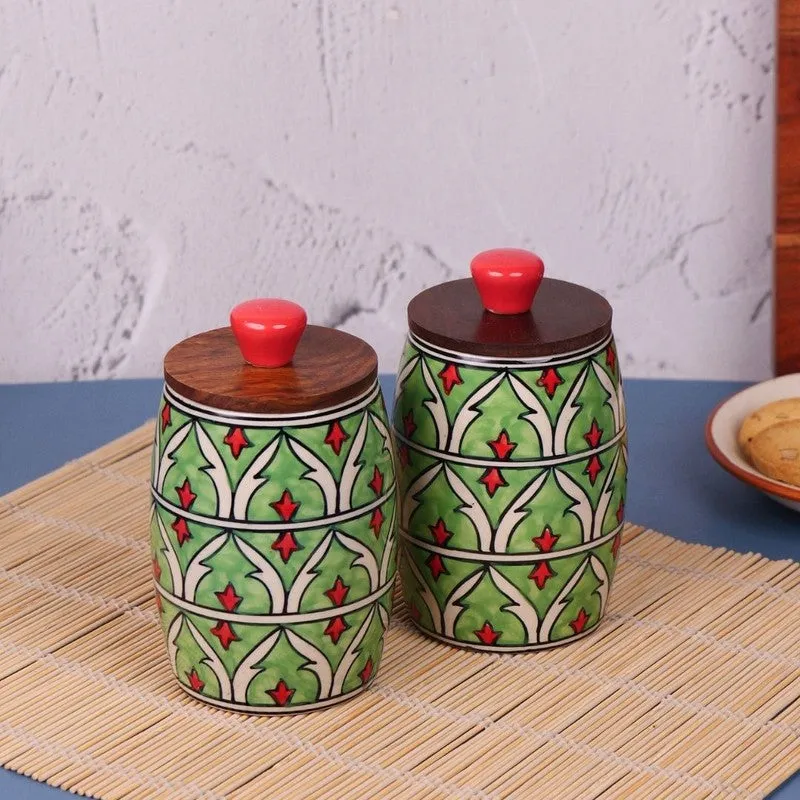 Handcrafted Ceramic Jar (Green, 550 mL Each) - Set Of Two media 3
