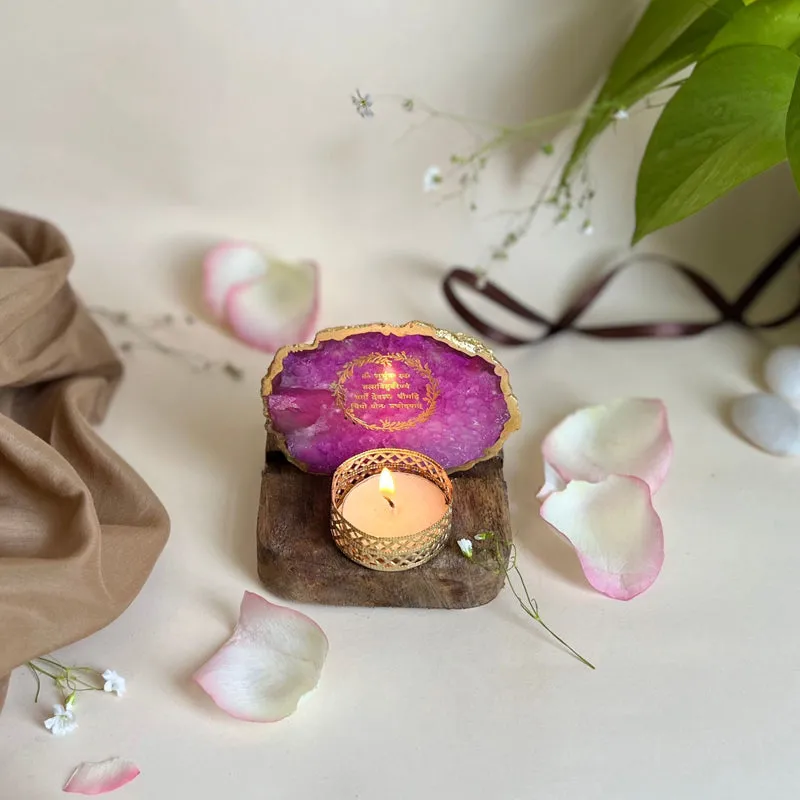 Gayathri Mantra Handcrafted Agate Religious Accent With Tealight Candle Holder - Pink media 4