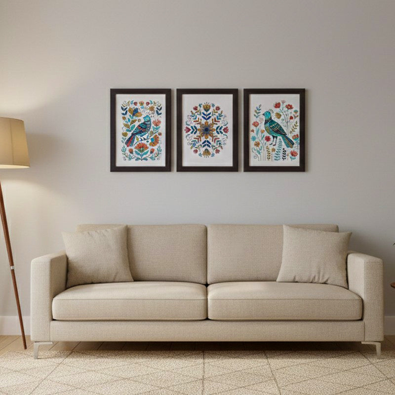 Rustic Songbird Folk Wall Painting With Frame - Set Of Three