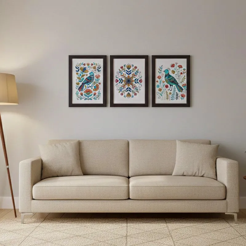 Rustic Songbird Folk Wall Painting With Frame - Set Of Three media 1