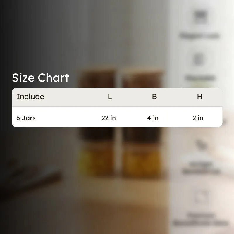 Six storage jars arranged on a kitchen counter with a size chart overlay