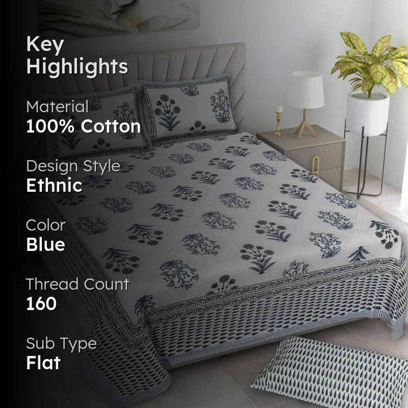 Brynn Floral Cotton Bedsheet (Blue) - 160 TC media 2