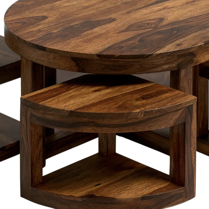 Close-up of one matching wooden stool tucked under the round table