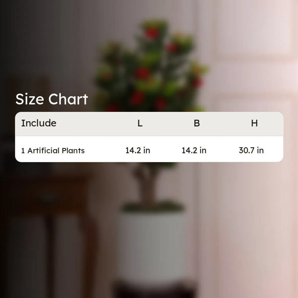 Artificial red rose plant shown against a softly blurred interior backdrop