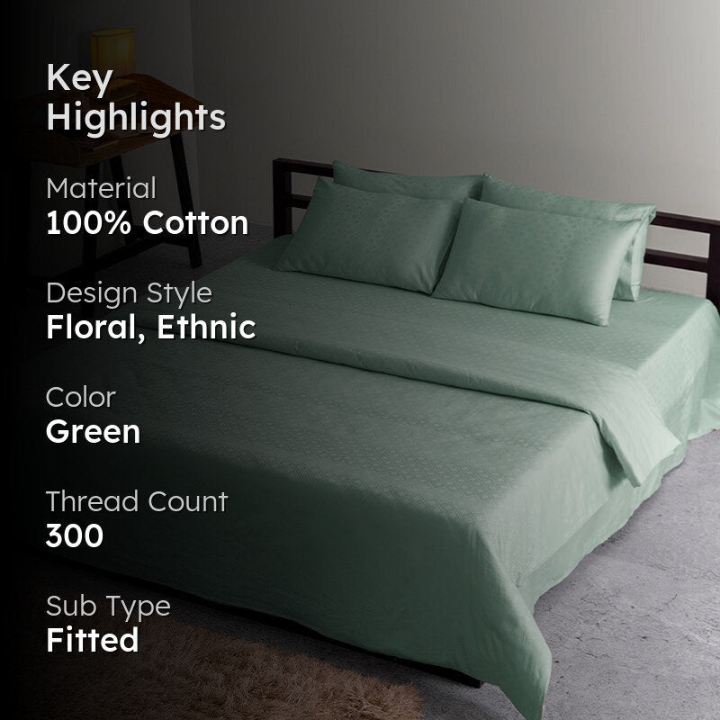 Diamond Dazz Fitted Jacquard Cotton Bedsheet (Sage Green) - 300 TC media 2