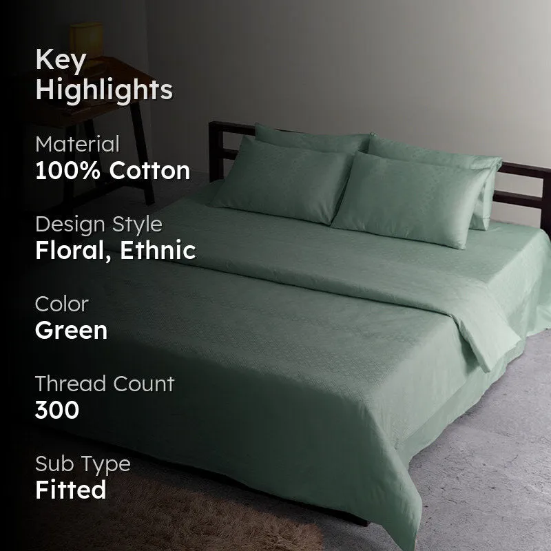 Diamond Dazz Fitted Jacquard Cotton Bedsheet (Sage Green) - 300 TC media 2