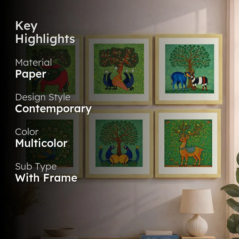 Forest Folk Paper Wall Painting With Frame - Set Of Six media 2