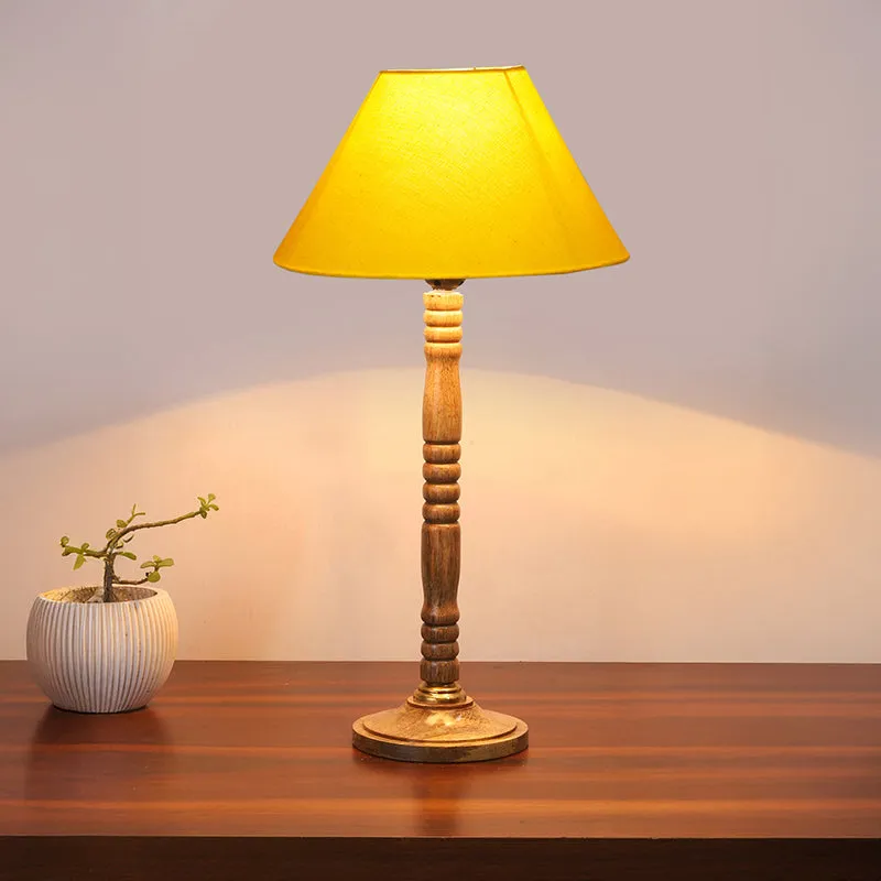Glow Mesa Table Lamp With Carved Wooden Base - Yellow,Brown media 1