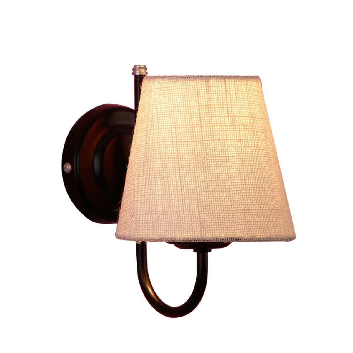 Lit off-white jute wall lamp with black iron base on a white background