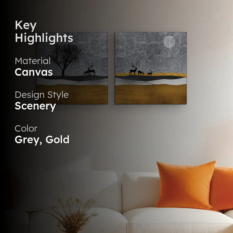 Stags in the Mist Canvas Wall Painting - Set Of Two media 2