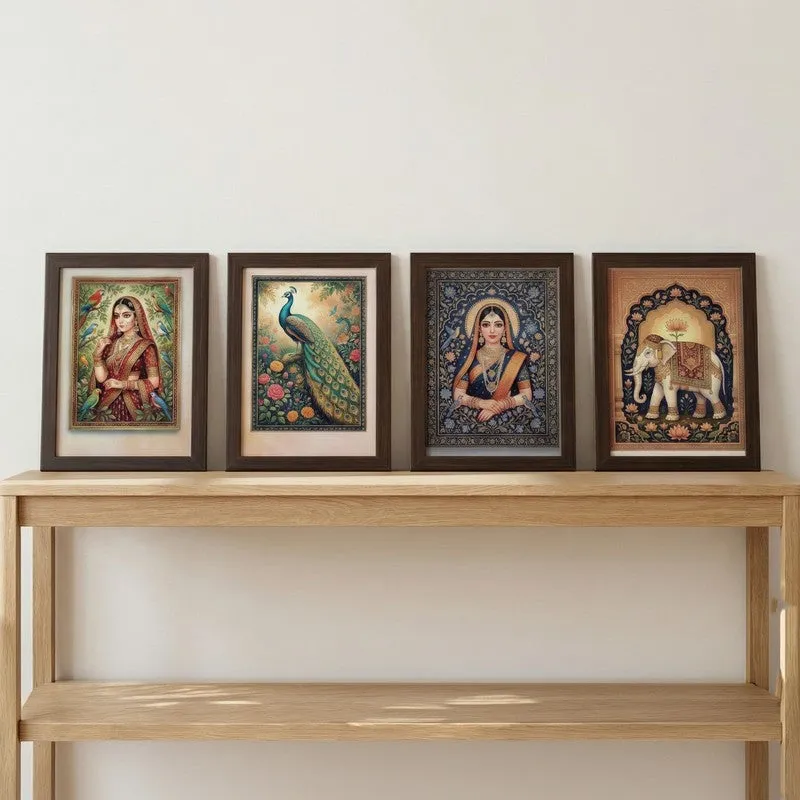 Divine Muse & Peacock Wall Painting With Frame - Set Of Four media 3