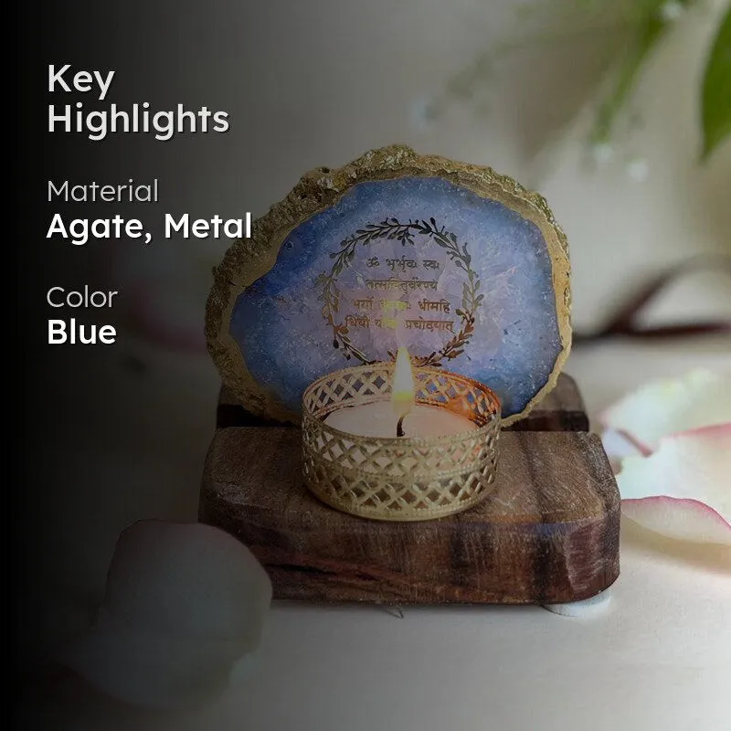 Gayathri Mantra Handcrafted Agate Religious Accent With Tealight Candle Holder - Blue media 2