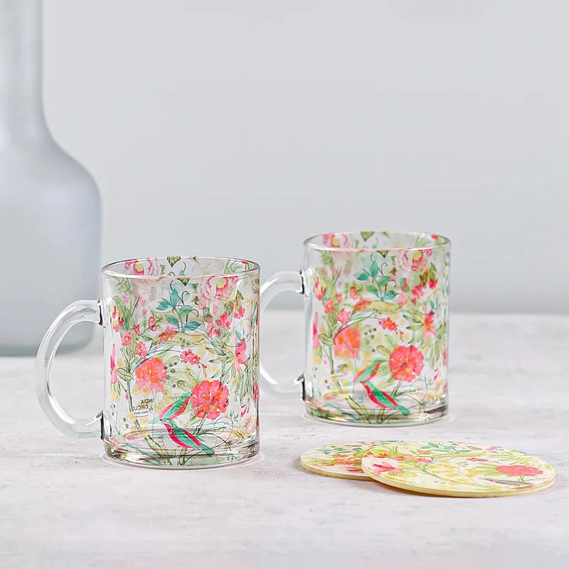 India Circus Vine Blooms Glass Mug With Coaster (325 mL Each) - Four Piece Set media 1
