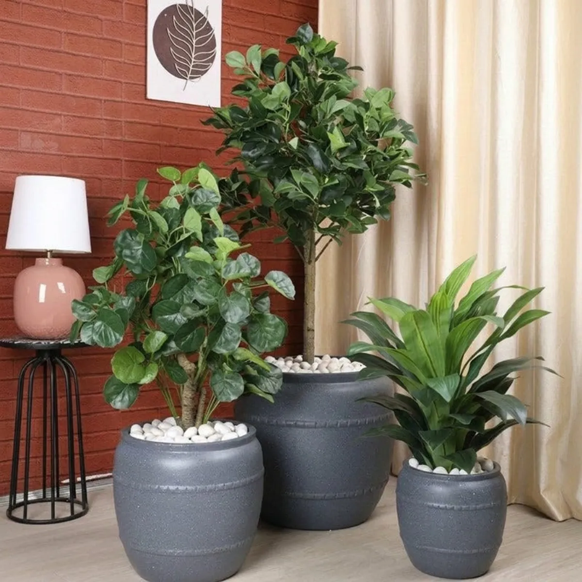 Several grey planters in different sizes arranged with indoor plants