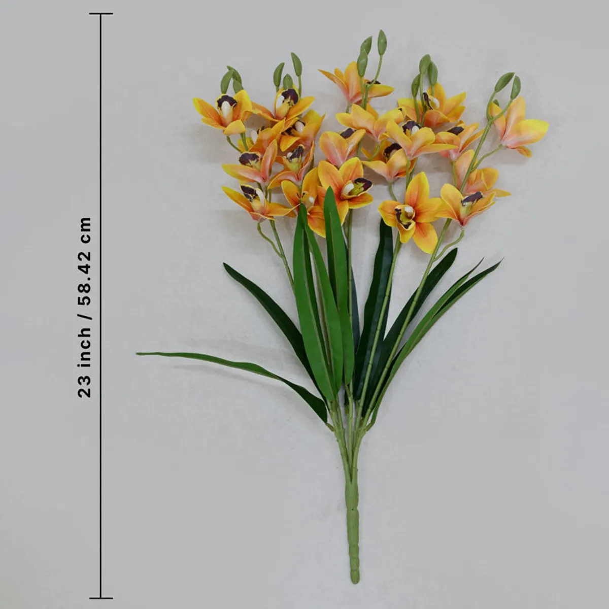 Full artificial orchid flower stick with yellow blooms and green leaves