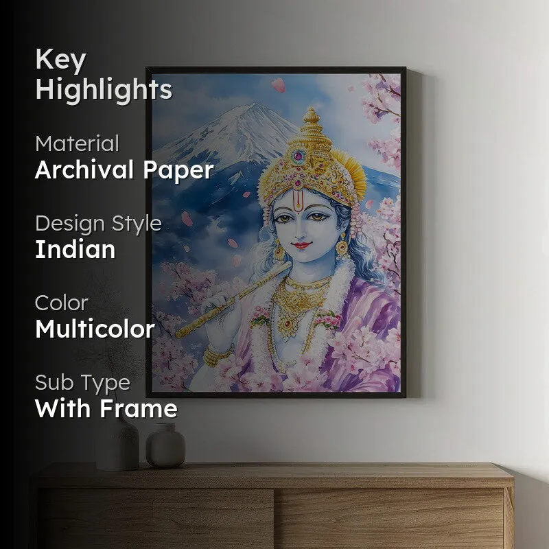 Govardhana Giridhari Spiritual Archival Paper Wall Painting With Frame - Black media 2