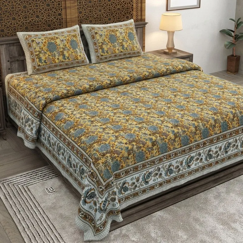 Florael Cotton Bedsheet (Yellow,Grey) - 240 TC media 1