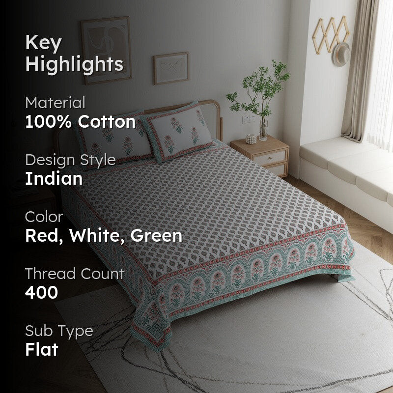OvoFloro Handblock Printed Cotton Bedsheet (Red) - 400 TC media 2