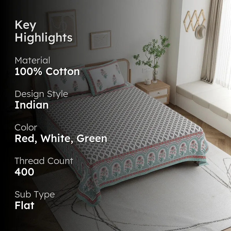OvoFloro Handblock Printed Cotton Bedsheet (Red) - 400 TC media 2