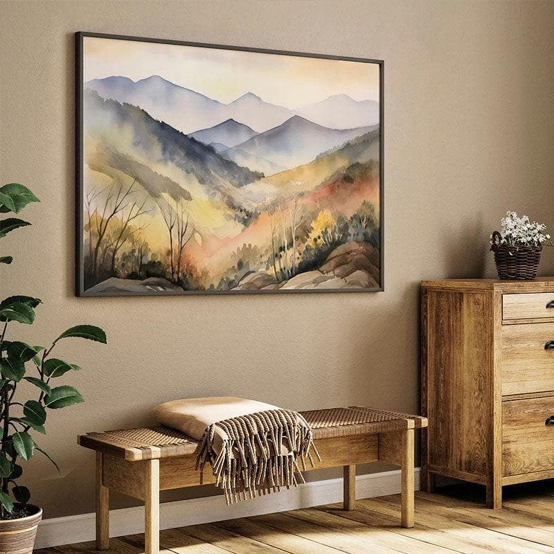 Watercolor Mountain Forest Wall Painting - Black Frame