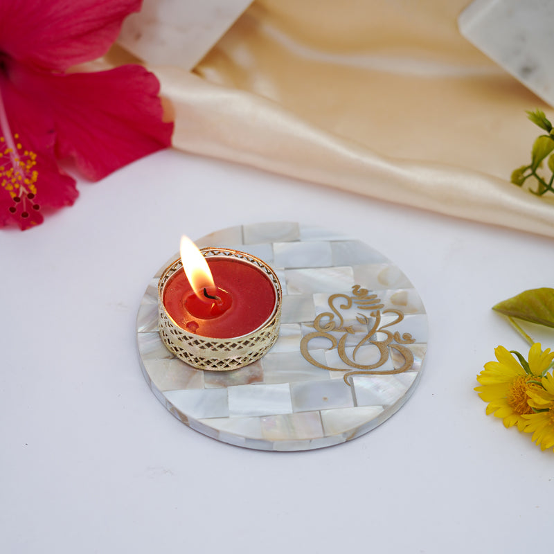 Ganesha Mother Of Pearl Tealight Candle Holder With Marble Base