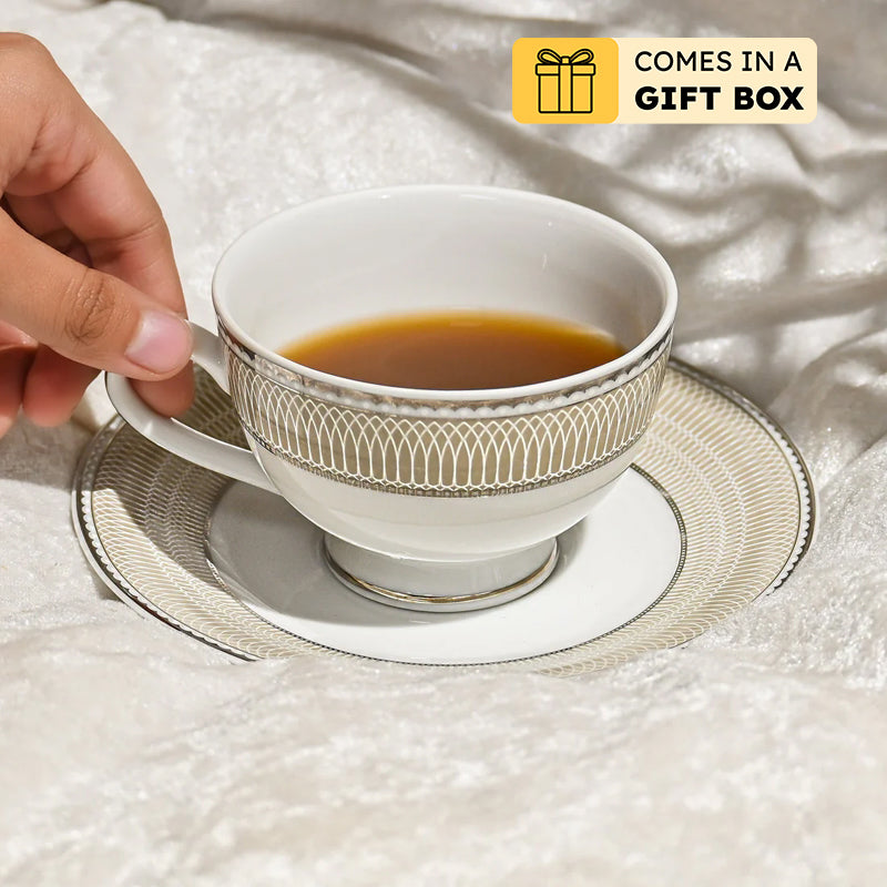 Shine Platin 24k Gold Brushed Porcelain Tea Cup & Saucer (280 mL) - Set of Six