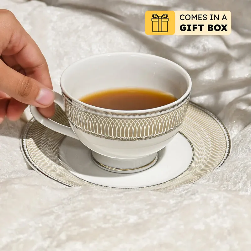 Shine Platin 24k Gold Brushed Porcelain Tea Cup & Saucer (280 mL) - Set of Six media 1