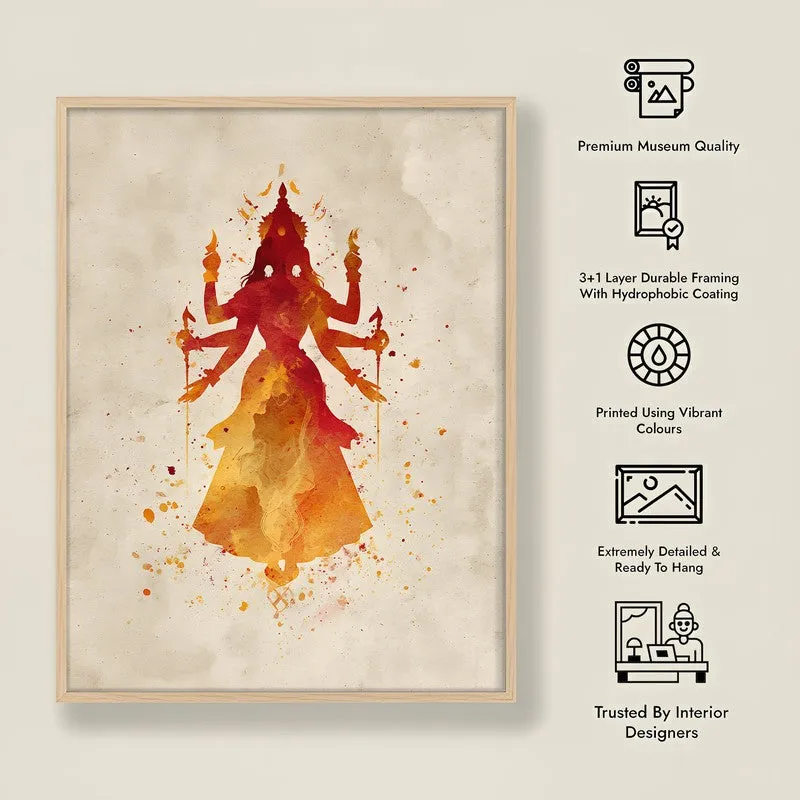 Framed Durga wall art beside black feature icons on a neutral background