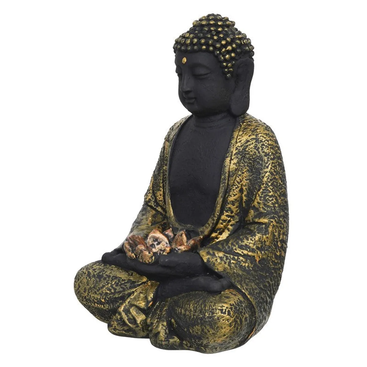 Three-quarter view of a black and gold Buddha tea light candle holder