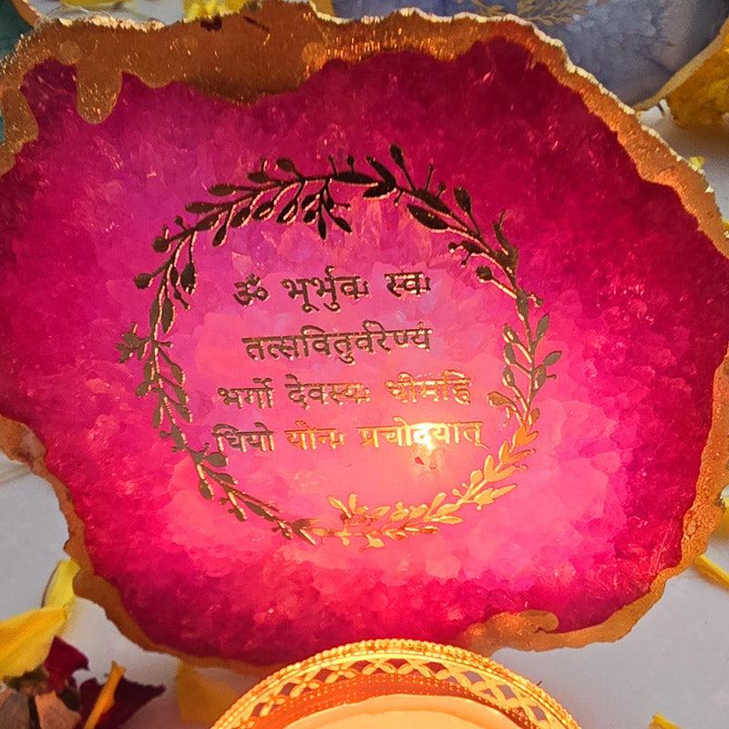 Festive Gayatri Mantra Agate Tealight Candle Holder - Pink media 3