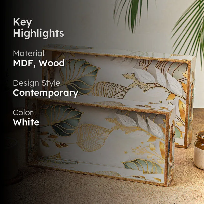 Serving tray set with white base and teal-gold botanical pattern
